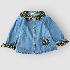 Vintage Denim Leopard Trim Top Size 24M Button Y2k Cat Embroidery Funky Bratz